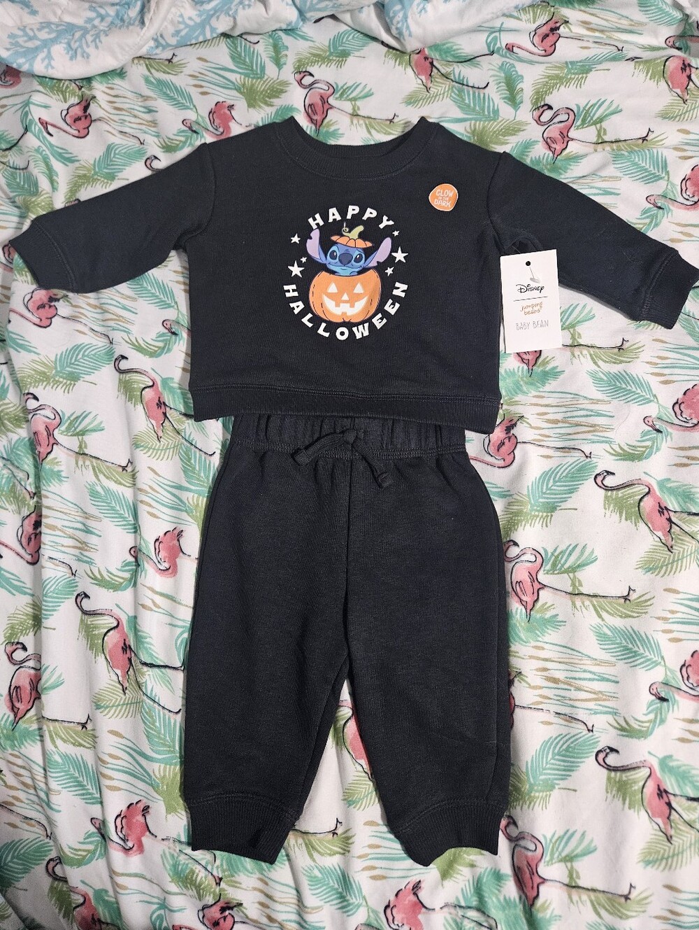 NWT Disney Jumping Beans Stitch Glow-in-the-Dark Halloween Sweatshirt & Pant Set
